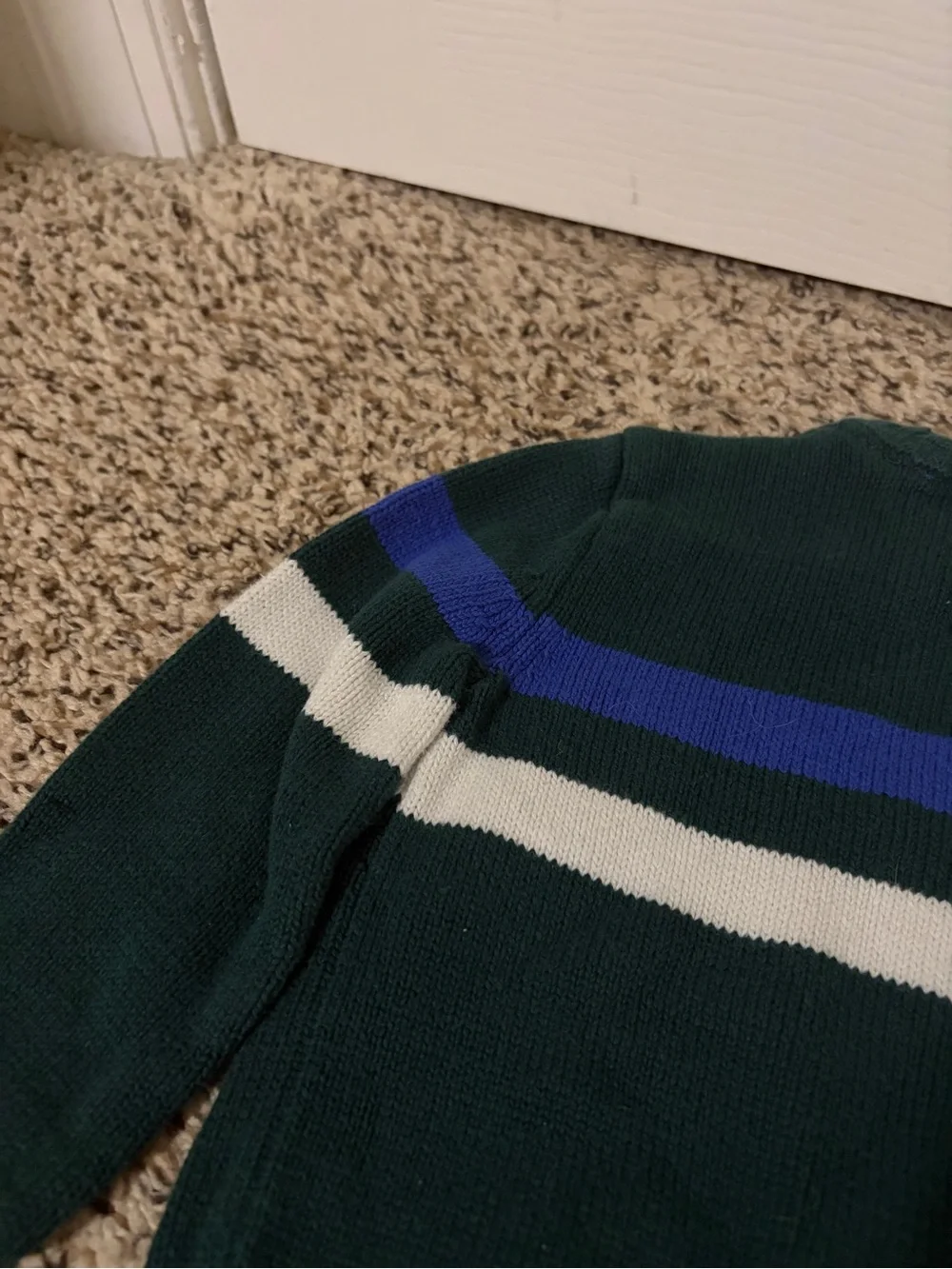 Children’s Classic Green Crewneck Sweater with Blue and White Stripes
